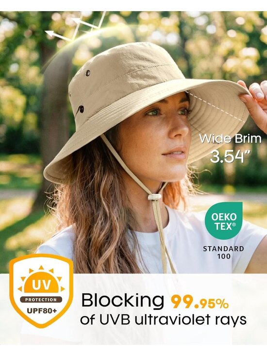 〽️Women Light Khaki Ponytail UPF 80+ Wide Brim Packable Cowboy Hat Beach Sun Hat main image 4